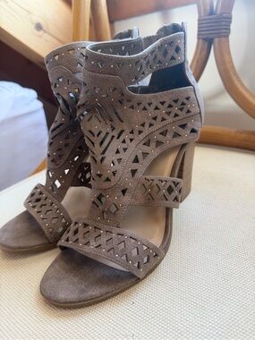 Fergalicious Taupe Cutout Suede Block Heel Sandals